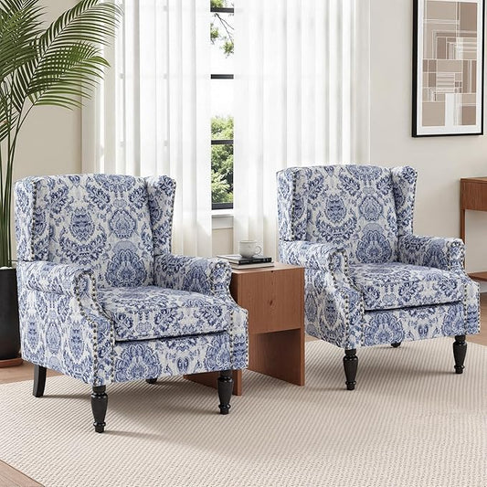 Wingback Chairs Set of 2, High Back Floral Accent Chair in Fabric, Comfy Upholstered Armchair with Nailhead Trim for Living Room, Single Sofa Reading Chair for Small Spaces, Bedroom-Navy