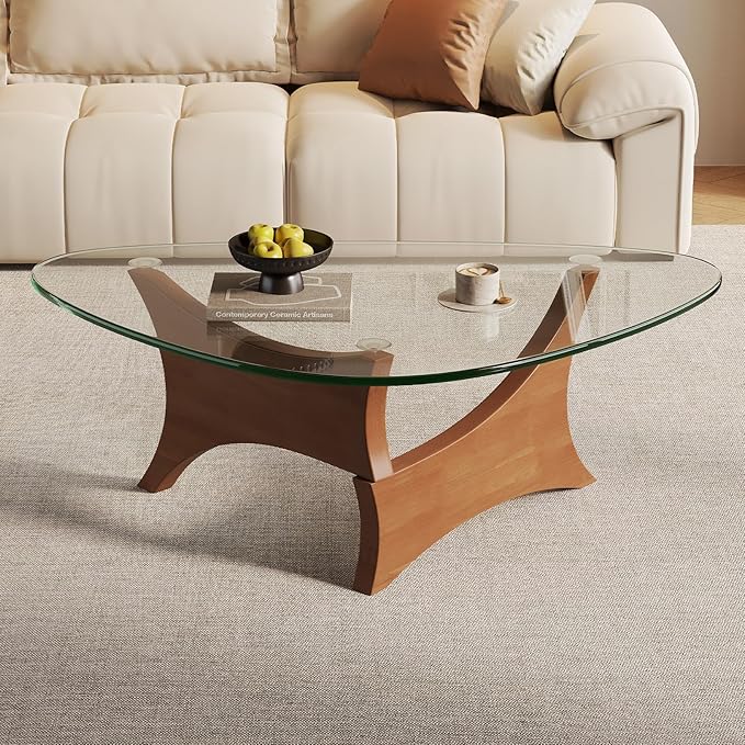 Glass Coffee Table Mid-Century Modern Coffee Table for Living Room Center Table Suitable for Bedroom Living Room Reception Office Tables（Walnut/Transparent，Large）