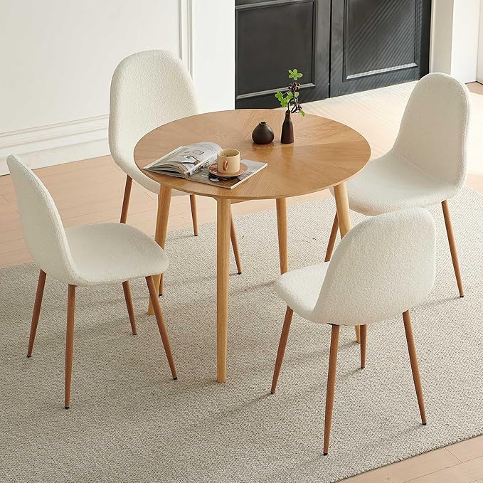 Faux Fur Dining Chairs Set of 4, Modern Upholstered Dining Room Chairs with Oak Look Foiled Steel Legs, Armless Kitchen Chairs for Living Room, White