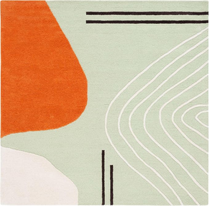 SAFAVIEH Rodeo Drive Collection Area Rug - 6' Square, Green & Rust, Handmade Mid-Century Modern Abstract Wool, Ideal for High Traffic Areas in Living Room, Bedroom (RD860Y)