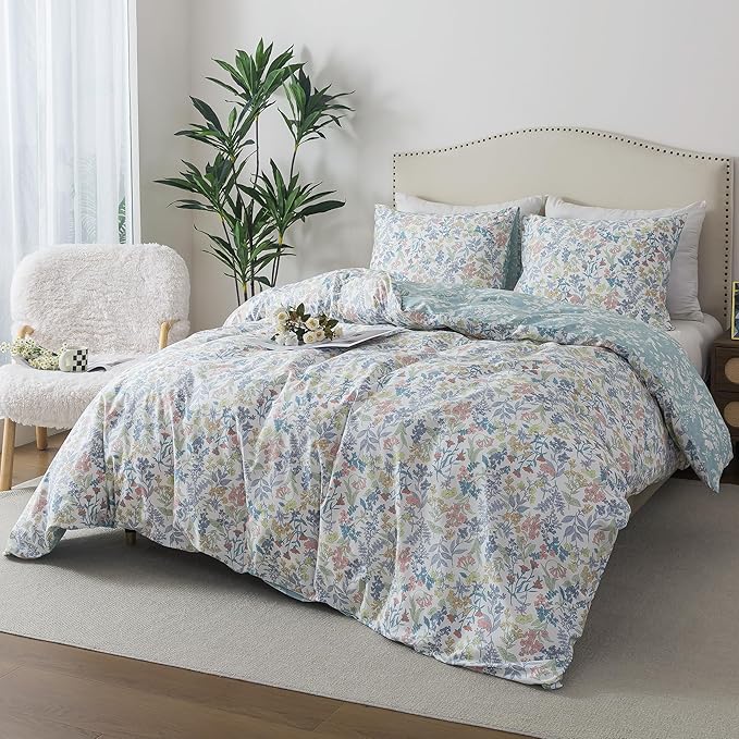 HoneiLife Cotton Queen Duvet Cover - Floral Comforter Cover 3-Piece, Botanical Bedlinen Sets with Zipper Closure & Corner Ties, Wildflower Bedlinen Sets for All Season Use