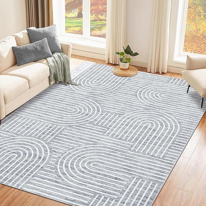 Washable Rug 3x5 Area Rugs for Living Room, Abstract Rug for Bedroom, Soft Rainbow Non Slip Throw Rugs with Rubber Back, Low Pile Stain Resistant Boho Geometric Carpet for Dining Room, Ash