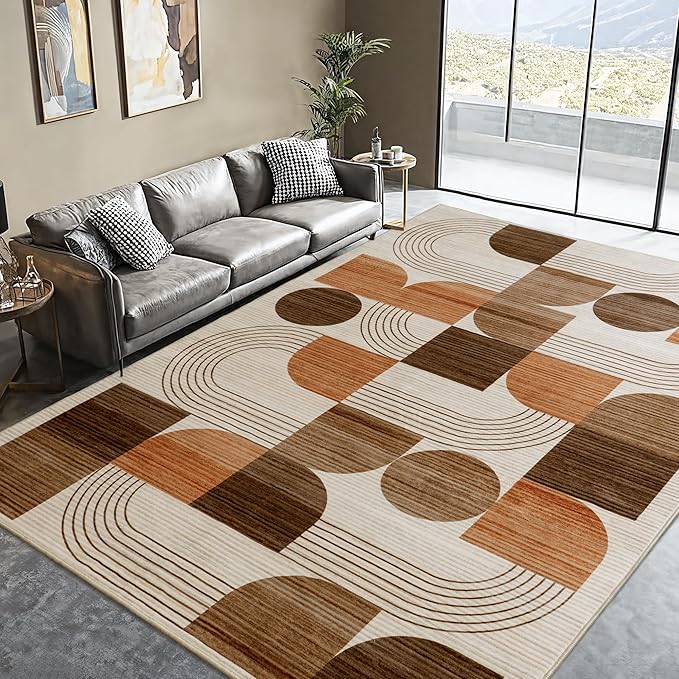 Large Machine Washable 8x10 Area Rug, Soft Modern Geometric Abstract Orange Rugs for Bedroom Living Room, Non-Shedding Faux Wool Indoor Throw Floor Carpet for Office Entryway Dining Room Decor