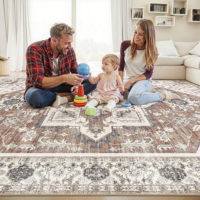 Area Rug 7x9 for Living Room - Washable Oriental Vintage Floral Distressed Large Indoor Carpets with Non Slip Back for Bedroom Dining Room Nursery Office Home Decor -Terracotta/Brown