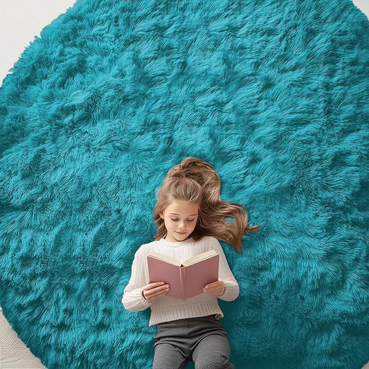 OLANLY Teal Round Rugs for Bedroom - Machine Washable, 8 ft Circle Area Rugs for Living Room, Soft and Fluffy Shaggy Carpet for Teen Girl and Boys, Nursery Rooms, Dorms, Home Decor Aesthetic