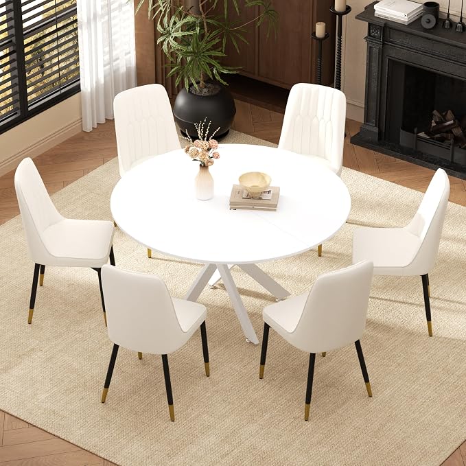 RGZ Mid Century White Round Dining Table Set for 6, 47" Large Wooden Circle Kitchen Table & 6 White PU Leather Kitchen Chairs, Dinner Table Set for Home, Apartment, Dining Room