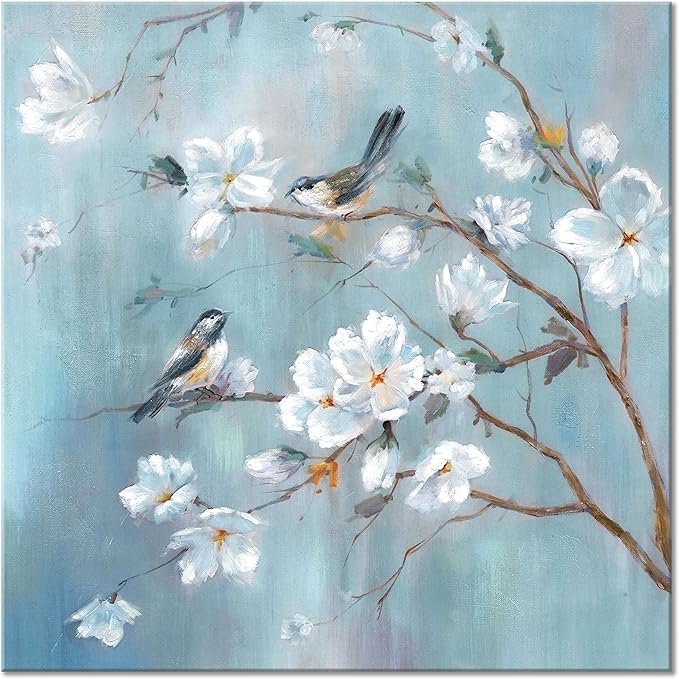 UTOP-art White Flower Canvas Wall Art: Elegant Tree and Birds Artwork Floral Painting for Bedroom (28'' x 28'' x 1 Panel)