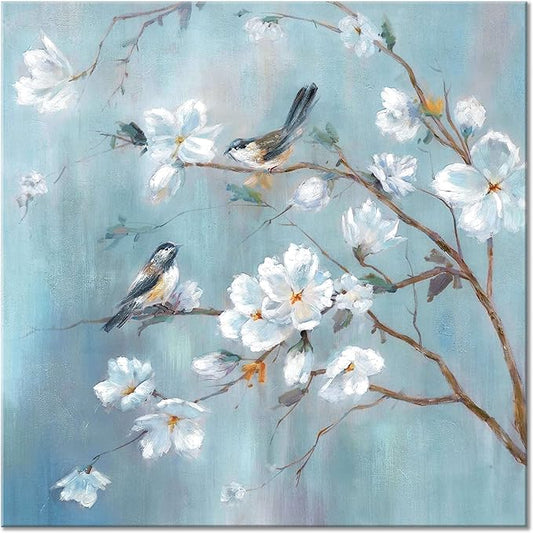 UTOP-art White Flower Canvas Wall Art: Elegant Tree and Birds Artwork Floral Painting for Bedroom (28'' x 28'' x 1 Panel)