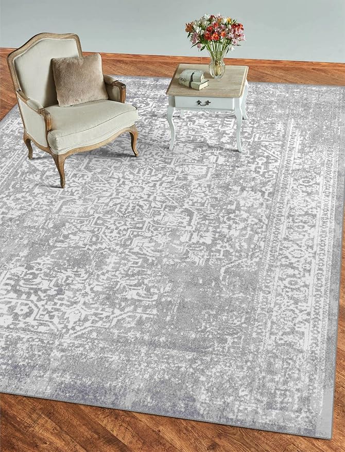 vivorug 9x12 Neutral Area Rugs, Stain Resistant Washable Rug for Living Room, Vintage-Inspired (Ivory/Silver, 9'x12')