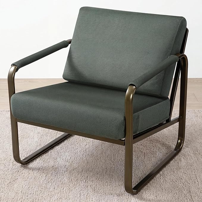 PrimeZone Mid-Century Modern Accent Chair - Comfy Fabric Living Room Chair, Lounge Armchair with Extra Soft Padded & Cushion, Ergonomic Accent Chair for Bedroom Office, Dark Green