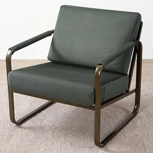 PrimeZone Mid-Century Modern Accent Chair - Comfy Fabric Living Room Chair, Lounge Armchair with Extra Soft Padded & Cushion, Ergonomic Accent Chair for Bedroom Office, Dark Green