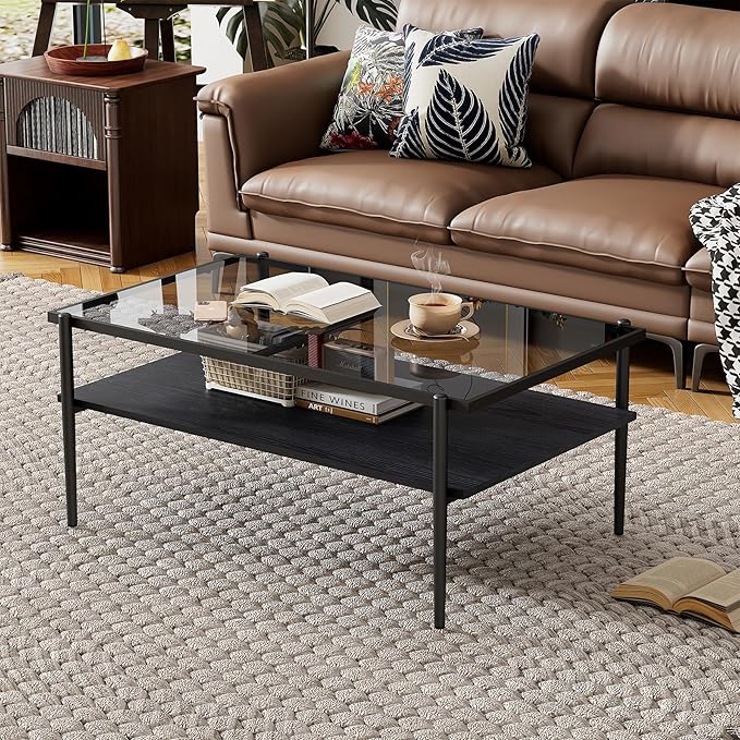 Mid Century Modern 2-Tier Coffee Table with Gray Tempered Glass Top & Wood Storage Shelf – Space-Saving Center Table for Living Room, Apartment & Small Spaces (Black)