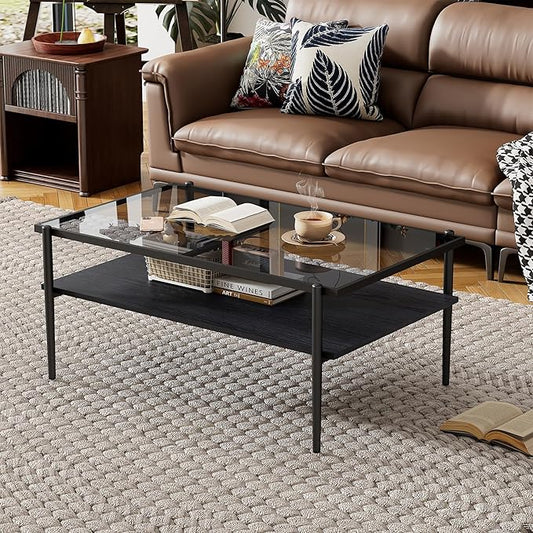Mid Century Modern 2-Tier Coffee Table with Gray Tempered Glass Top & Wood Storage Shelf – Space-Saving Center Table for Living Room, Apartment & Small Spaces (Black)