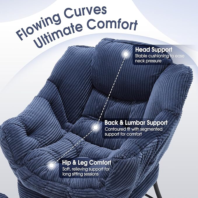 Lazy Chair with Ottoman, Comfy Lounge Chair for Reading, Relaxing, and Napping, Perfect for Living Room, Bedroom, or Office, Navy