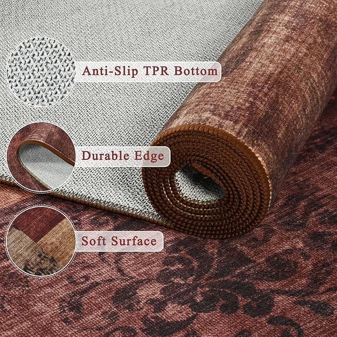 Tepook Modern Area Rugs for Living Room, 9x12 Washable Large Rug for Bedroom, Geometric Patchwork Rugs Indoor Non-Slip Throw Carpets for Dining Room Office Farmhouse Home Decor, Red