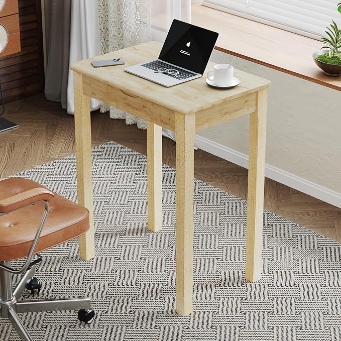 Solid Wood Desk with Drawers - 24 x 16 Inch Simple Narrow Desks, Rubber Wood Study Table, Small Writing Desk for Small Spaces|Bedroom - Natural Boho Desks