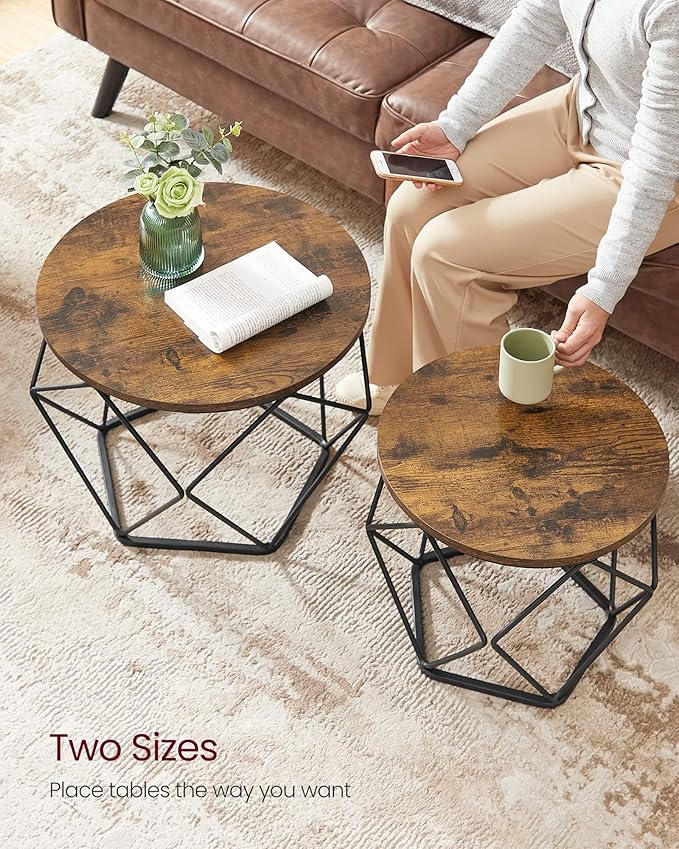 VASAGLE Small Coffee Table Set of 2, Round Coffee Table with Steel Frame, Side End Table for Living Room, Bedroom, Office, Rustic Brown and Ink Black | Living Room, Bedroom, Office