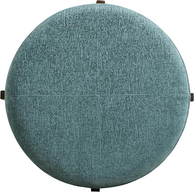 Christopher Knight Home Holmes Modern Chenille Upholstered Ottoman Coffee Table, Wooden Round Cocktail Ottoman, Large Living Room Sofa Footstool/Footrest, Teal Blue+Walnut