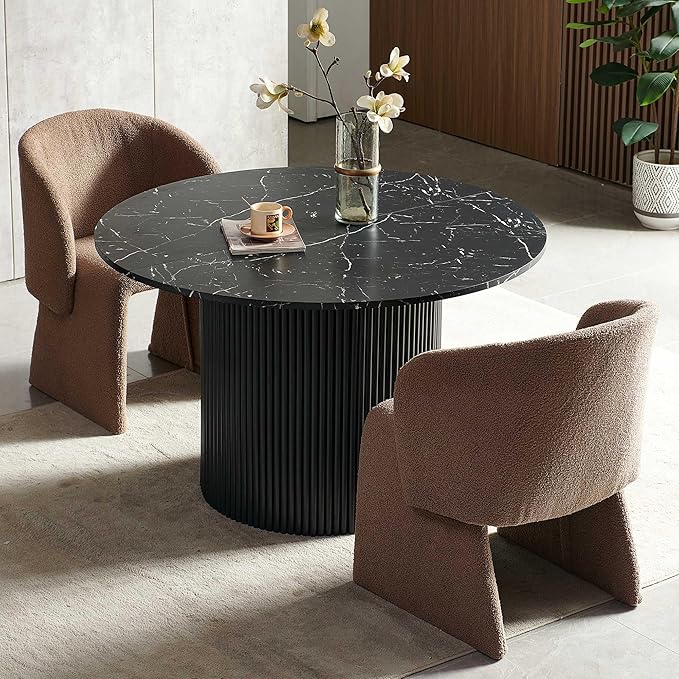 NORDICANA 3-Piece Round Dining Table Set for 2, Modern 47-Inch Kitchen Table and Chair Set, Dining Set with Brown Upholstered Armchairs, Manufactured Wood Top with Black Marble Effect Finish