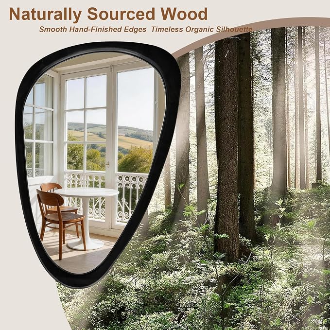 30" x 20" Asymmetrical Wall Mirror with Black Wood Frame, Irregular Wall Mirror for Bedroom Entryway Living Room, HD Tempered Glass, Horizontal or Vertical Hanging