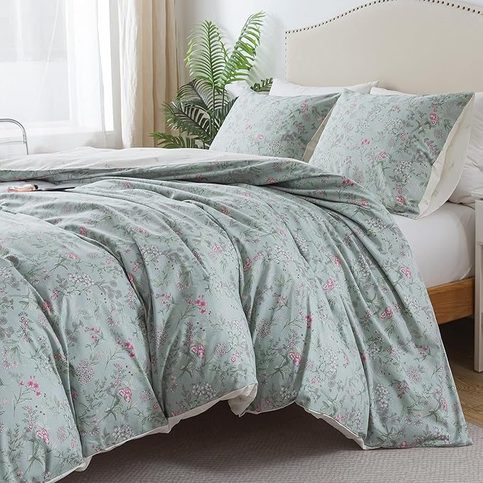 HoneiLife Cotton Duvet Cover Queen - Floral Comforter Cover 3-PC, Flower Floral Bedlinen for Set Queen Beds, Wildflower Comforter Cover Sets for All Season Use