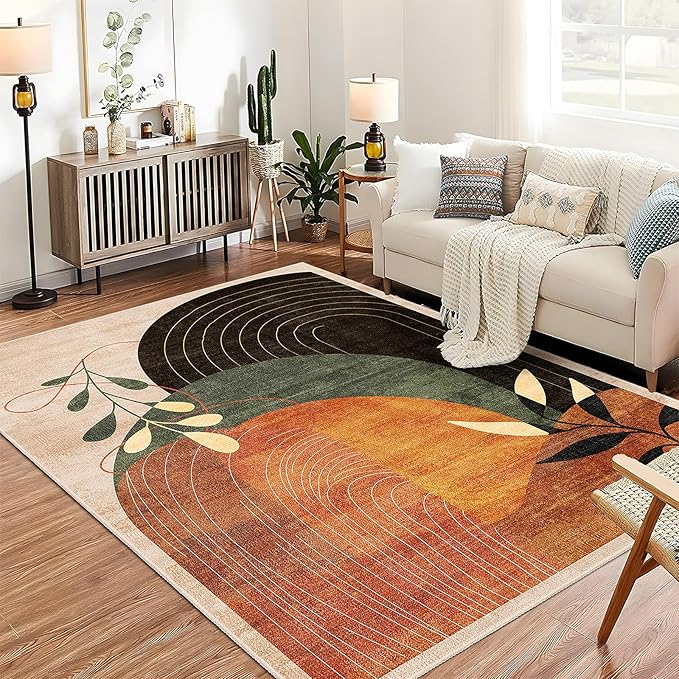 MUJOO 5x7 Area Rugs for Bedroom Living Room,Boho Washable Rug Non Slip Throw Carpet for Office Dining Room Indoor Mid Century Modern Abstract Botanical Geometric Accent Terracotta
