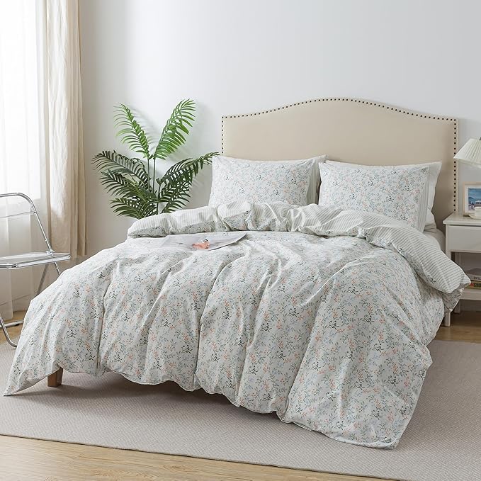 HoneiLife Botanical Duvet Cover King - 100% Cotton Comforter Cover Sets, Floral Duvet Cover Sets, Wildflower Bedlinen Set for King Beds