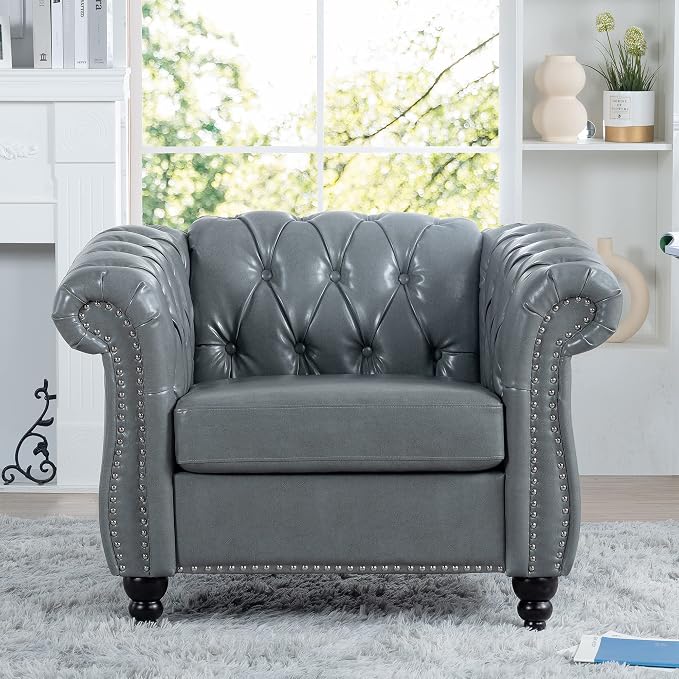 Yoglad Faux Leather Accent Chair, Retro Style Armchair with Rolled Arms, Comfy Single Sofa with Wood Legs and Nailhead for Living Room, Bedroom, Apartment (Grey, 39")