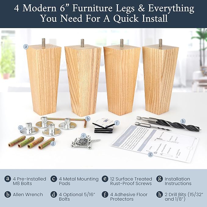 Airy Abode Premium Ash Wood Square Furniture Legs (Full Install Kit) - Pick Your Size and Color