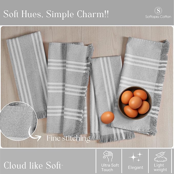 Prewashed Stripe Kitchen Towels 4 Pack, 100% Cotton Tea Towels, 16"x26" Quick Dry Dish Cloths for Drying, Reusable Wash Cloths for Cleaning, Absorbent and Washable - Light Grey