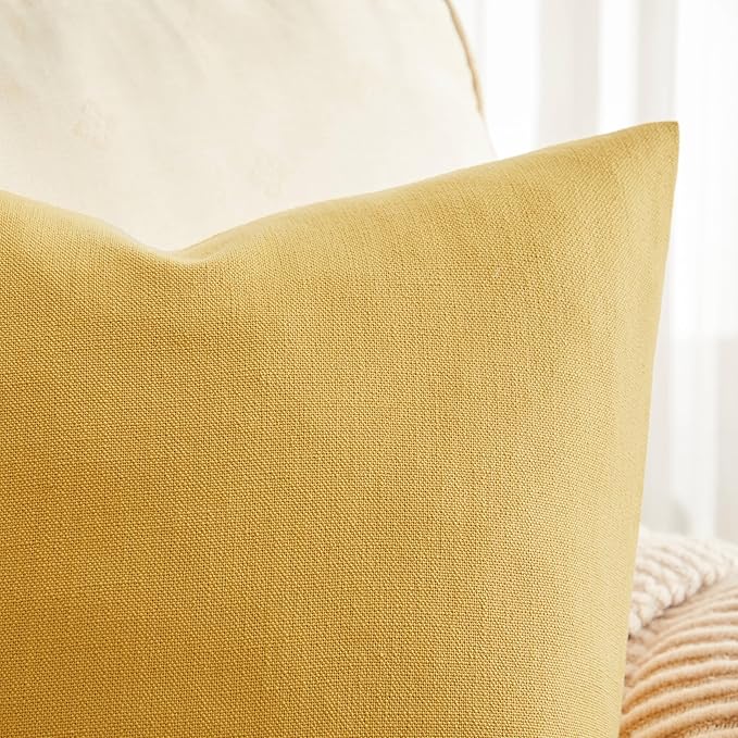 ZeeMart Rustic Cotton Linen Throw Pillow Covers Set of 2, 16x16 Inch Yellow, Farmhouse Style Decorative Couch Pillow Cases Cushion Covers for Sofa Bed Living Room Home Decor