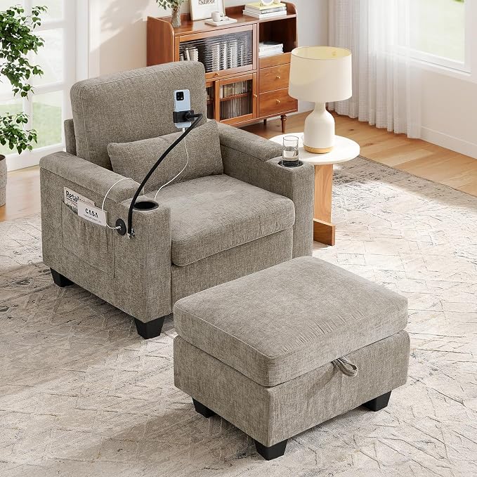 Small Chaise Lounge Chair Indoor with Ottoman&Adjustable Backrest,Chenille Tufted Recliner Comfy Sofa Chair with USB,Phone Holder&Storage Arms,Convertible Sleeper Couch Bed for Living Room(37"W,Brown)
