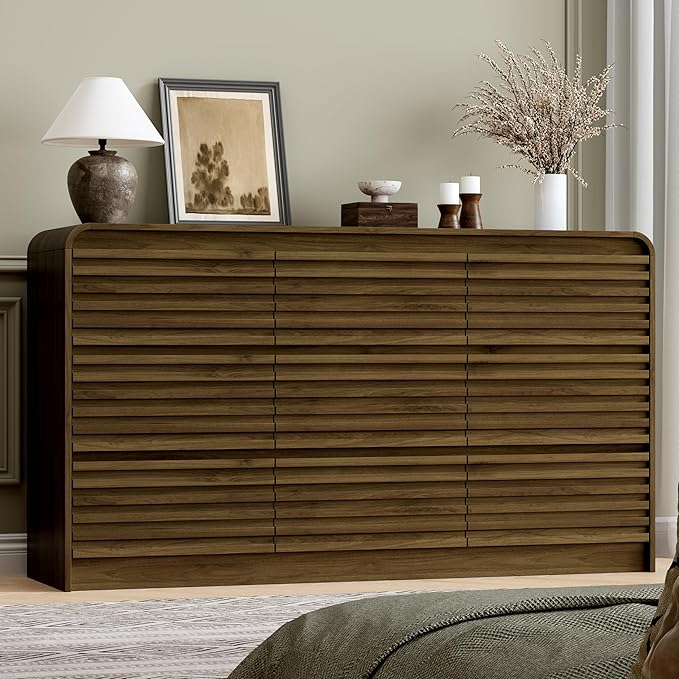 Fluted 9 Drawer Dresser for Bedroom, 59" Wide Wood Chests of Drawers with Curved Profile, Mid Century Modern Dresser with Large Storage & Hidden Handle for Living Room, Hallway, Walnut