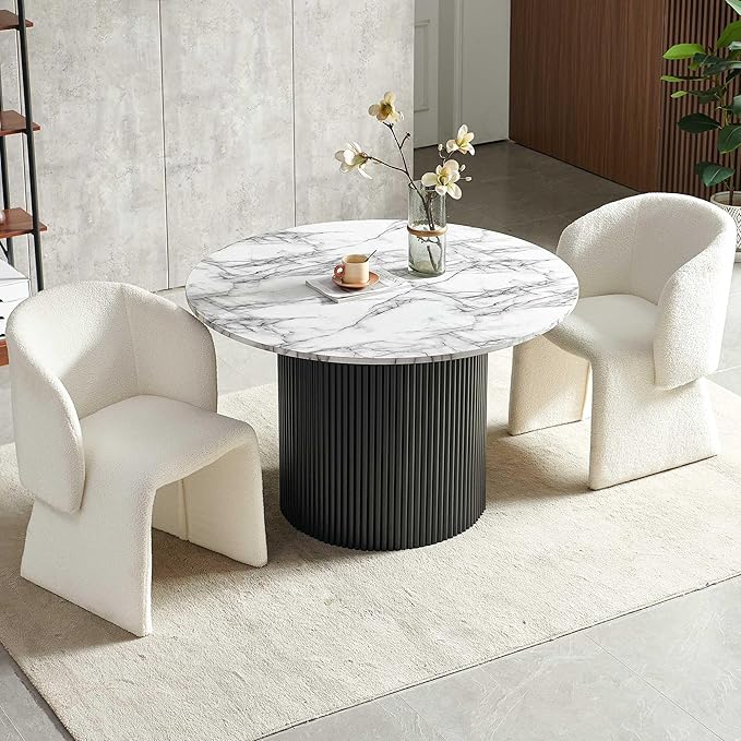 NORDICANA 3-Piece Round Dining Table Set for 2, Modern 47-Inch Kitchen Table and Chair Set, Dining Set with Off White Upholstered Armchairs, Manufactured Wood Top with White Marble Effect Finish