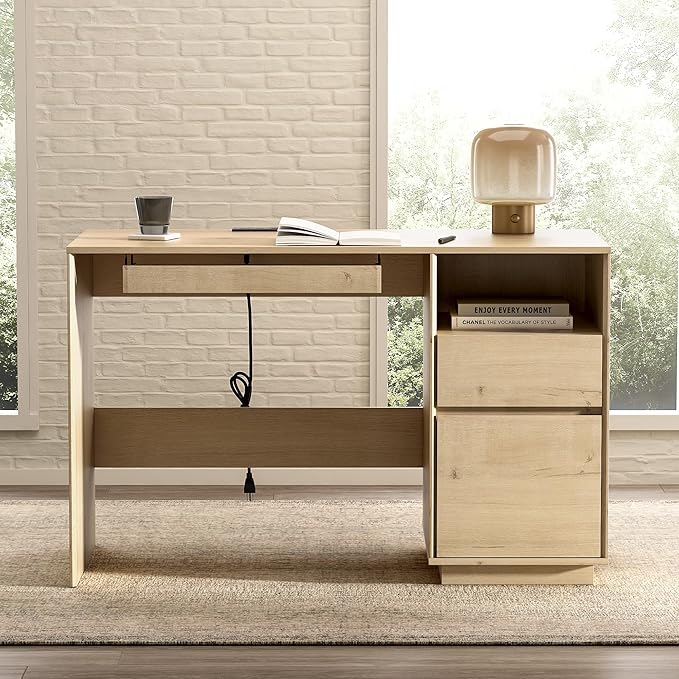 EYYTHUNG Farmhouse Computer Desk, 47" Home Office Desk with File Drawer & Open Storage & Power Outlet, Large Wooden Executive Desk for Study Writing, Light Oak