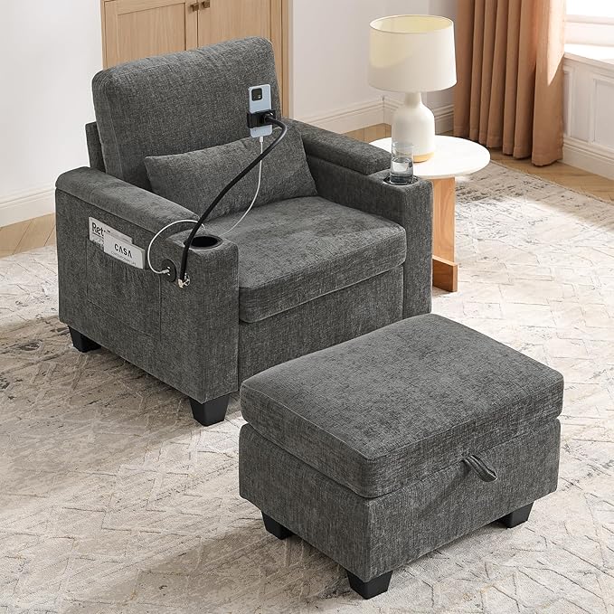 Oversized Chaise Lounge Chair Indoor, Single Convertible Recliner Reading Arm Sofa Chair W/Adjustable Backrest & Charging Port Couch Bed for Living Room, Home Theater & Bedroom, Grey