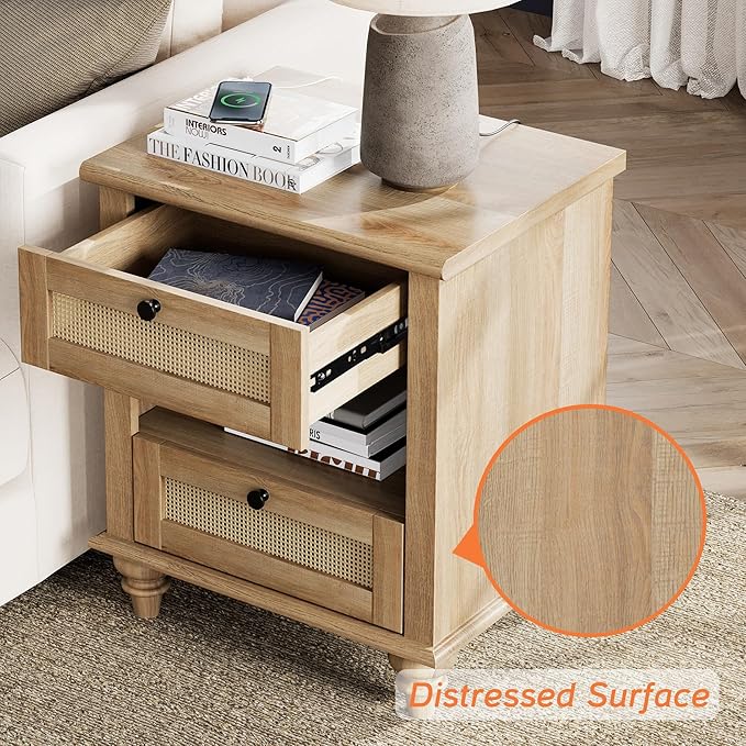 WAMPAT Rattan End Table with Charging Station for Living, Small Sofa Side Table with 2 Drawers & Open Shelf, Farmhouse Wooden Night Stand Retro Bedside Table for Living Room, Light Oak