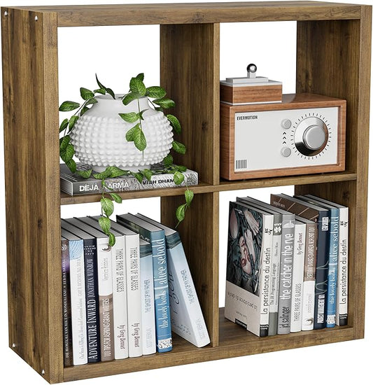 Cube Storage Organizer Bookcase, Decorative 11 inch Open Back Cubical Shelf with Thickened Border, Display Bookshelf for Living Room, Home Office, Sturdy Room (Brown, 4 Cube)