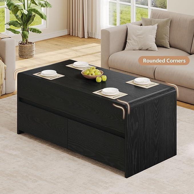 Coffee Table Lift Top, 40 Inch Multi-Function Coffee Table with 2 Drawers, Hidden Compartment, Curved Profile Design, Converts to Home Office Table, Dining Table for Living Room, Black