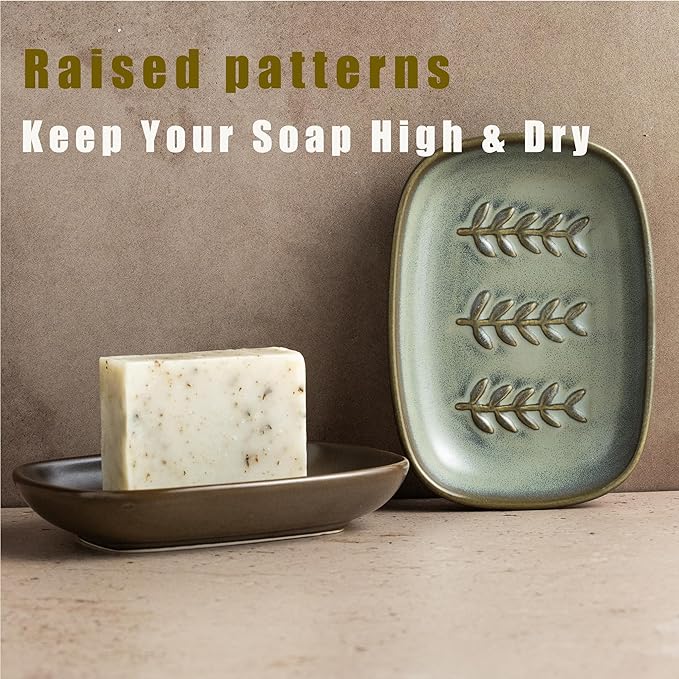 Soap Dish Soap Holder Shower, Ceramic Soap Dishes for Bar Soap Sponge, Farmhouse Shower Soap Dish, Large Soap Saver Tray for Bathroom Kitchen Sink, Easy Cleaning, Extend Soap Life, Brown