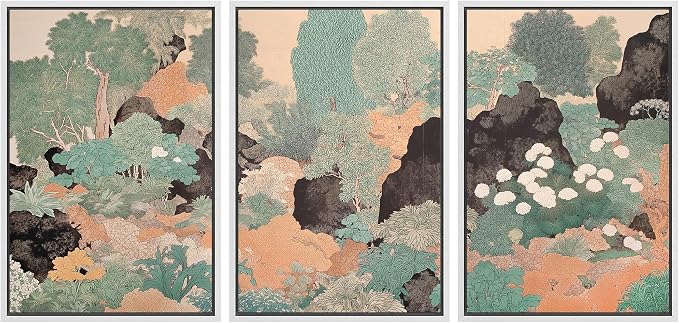 wall26 Framed Print Wall Art Set Vintage Japanese Garden Landscape Decorative Minimal Relax/Zen for Living Room, Bedroom, Office - 24"x36"x3 WHITE