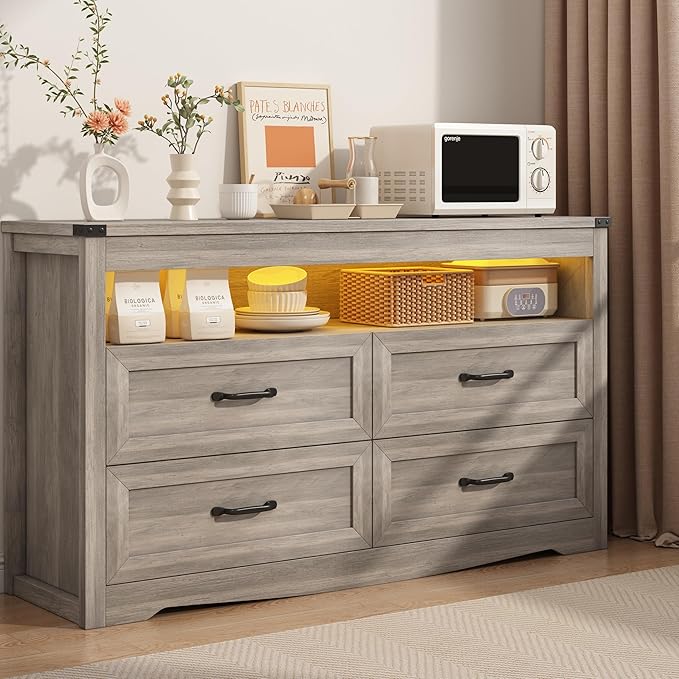 Grey Dresser for Bedroom, Wooden 4 Drawer Dresser with LED Light, Dressers & Chests of Drawers with Metal Handles, Storage and Organization for Bedroom, Hallway, Entryway, Gray