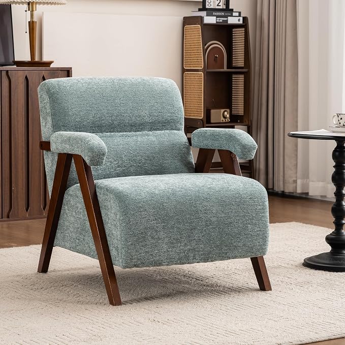 Accent Chair Mid Century Modern Living Room Chairs with Thick Cushion Comfy Upholstered Armchair Cozy Small Side Chairs for Reading Room Bedroom Sage