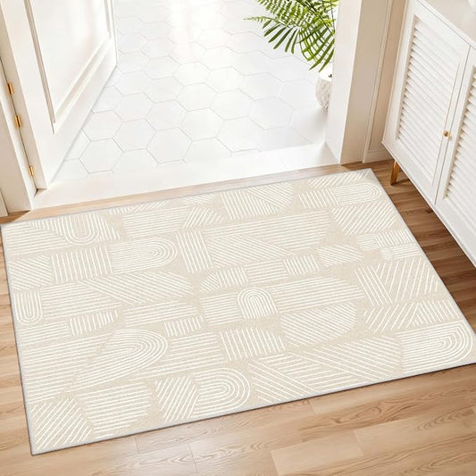 MUJOO 2x3 Washable Rug,Mid Century Modern Abstract Non Slip Low Pile Small Area Rug,Neutral Beige and White Rug for Entryway Bathroom Kitchen Bedroom