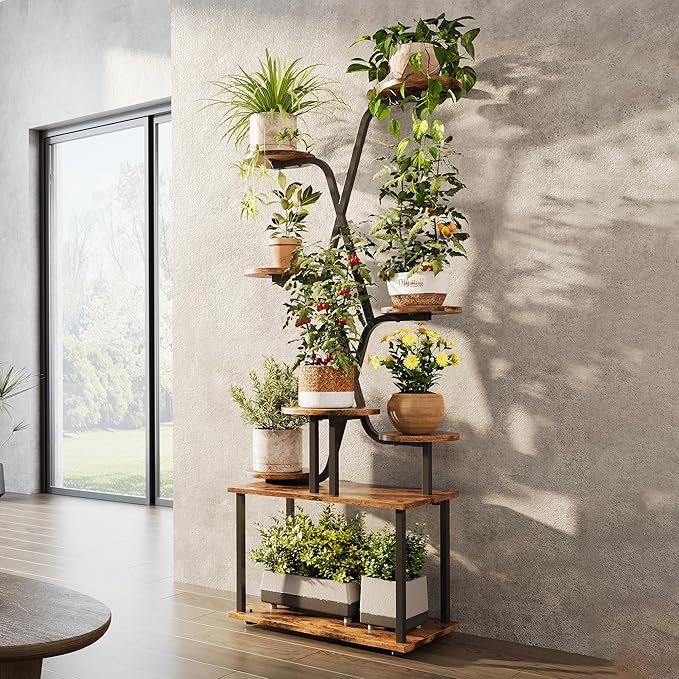60" Tall Indoor Plant Stand, 9-Tiered Indoor Plant Stand for Large Plants, Metal Plant Stand Indoor with Grow Lights for Living Room, Balcony & Patio