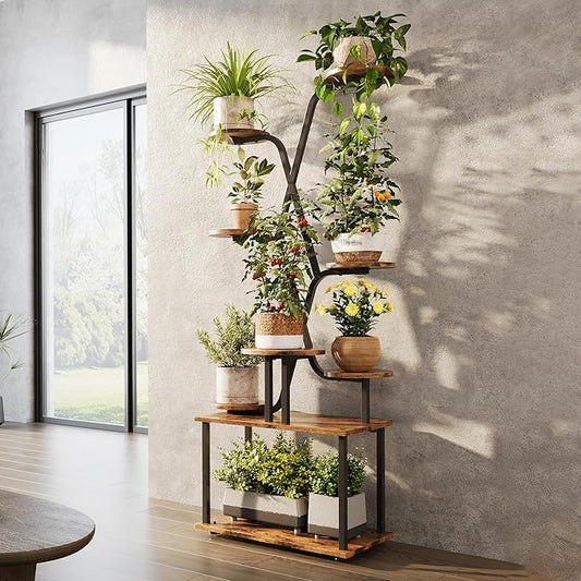 60" Tall Indoor Plant Stand, 9-Tiered Indoor Plant Stand for Large Plants, Metal Plant Stand Indoor with Grow Lights for Living Room, Balcony & Patio