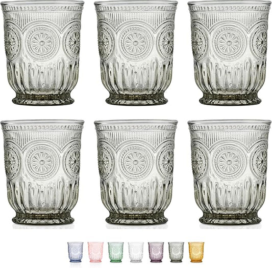 Black Glassware set of 6 smoke drinking glasses, 8 oz water glasses textured colored vintage glass cups dishwasher safe