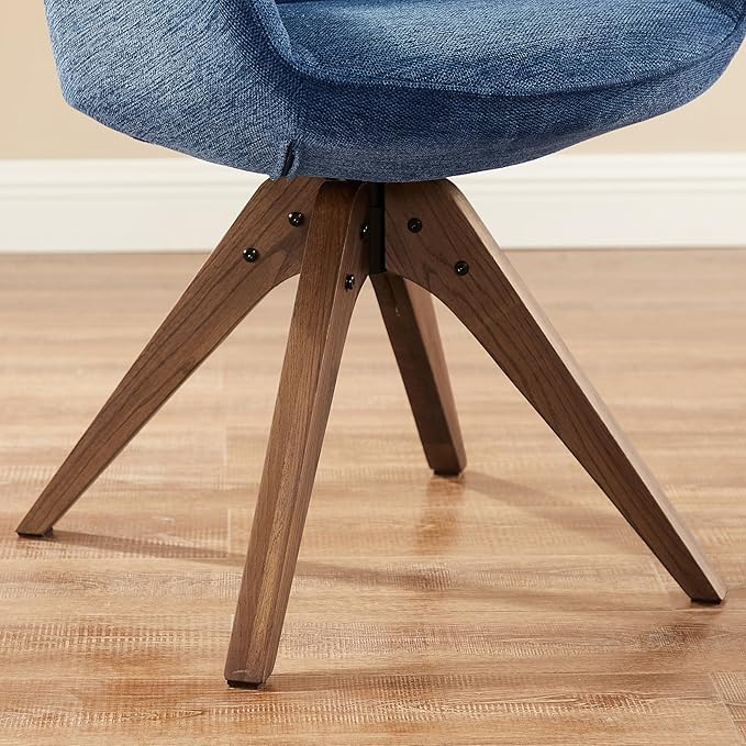 Art Leon Desk Chair - Mid Century Modern Office Chair No Wheels, Swivel Accent Chair with Oak Wood Legs, Fabric Upholstered Arm Chair, Blue