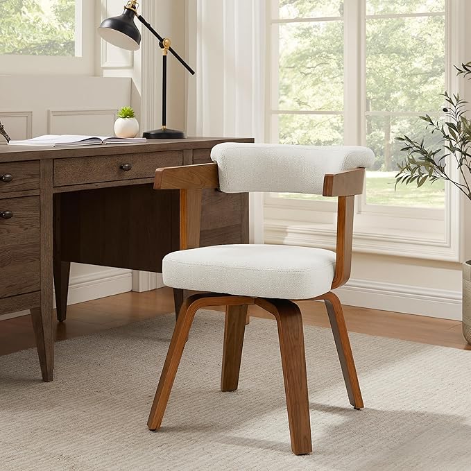 Art Leon Office Chair No Wheels - Mid Century Modern Desk Chair, Fabric Upholstered Accent Arm Chair with Wood Legs for Small Spaces Home Office Living Room Bedroom Study, Off White/Walnut