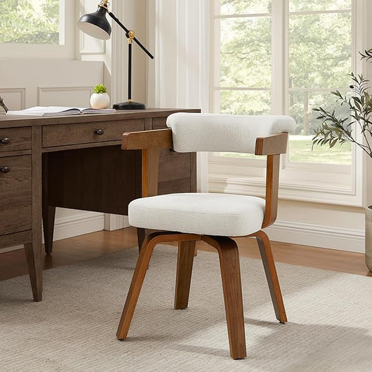 Art Leon Office Chair No Wheels - Mid Century Modern Desk Chair, Fabric Upholstered Accent Arm Chair with Wood Legs for Small Spaces Home Office Living Room Bedroom Study, Off White/Walnut